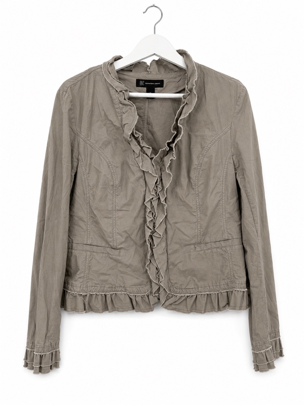 INC International Concepts Ruffle Trim Cotton Jacket Taupe Zip Front Women's L